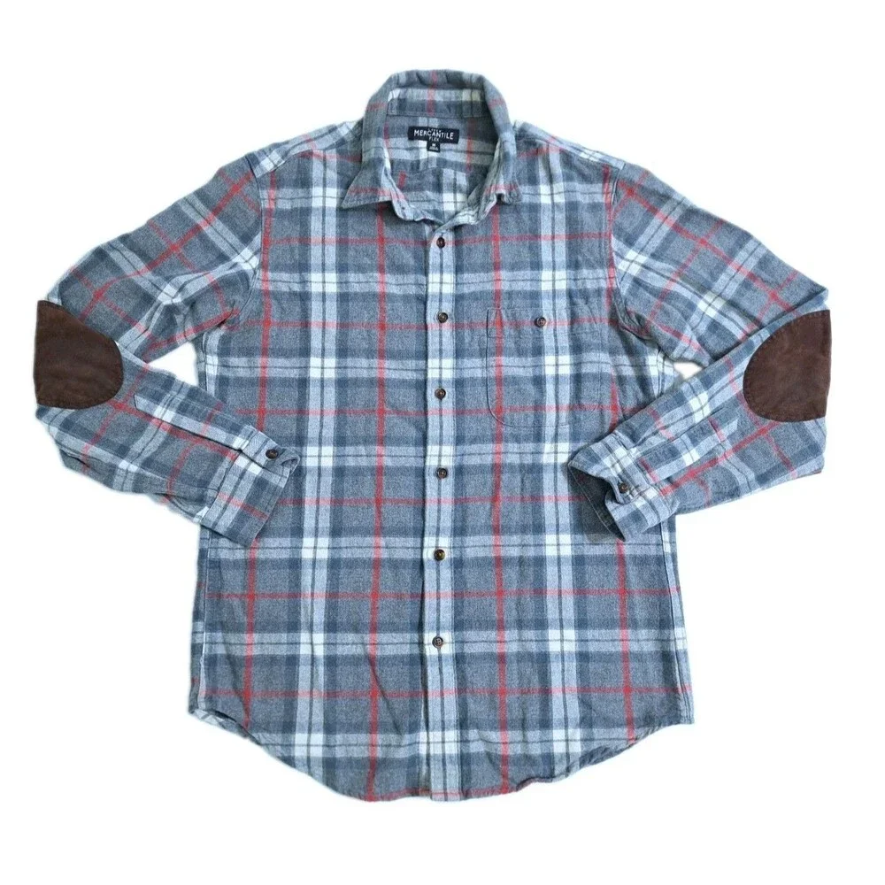 J Crew Men's Medium Flannel Mercantile Flex Shirt Gray Red Long Sleeve Button